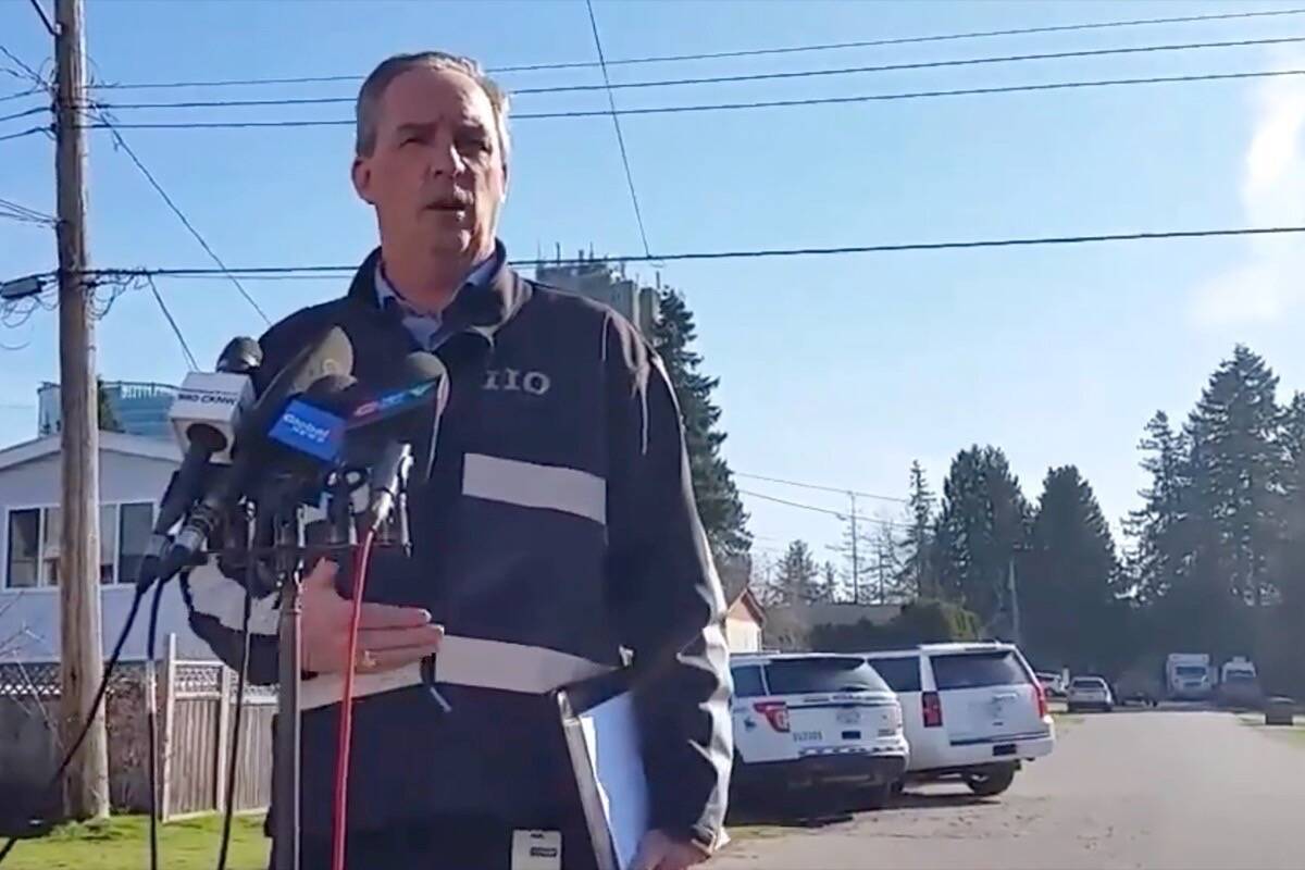 Ron MacDonald, chief civilian director of the Independent Investigations Team, speaks with reporters in the aftermath of the shooting in Whalley on March 29, 2019. MacDonald testified Tuesday at the inquest into the deaths of Randy Crosson and Nona McEwan. (Photo: Tom Zytaruk)