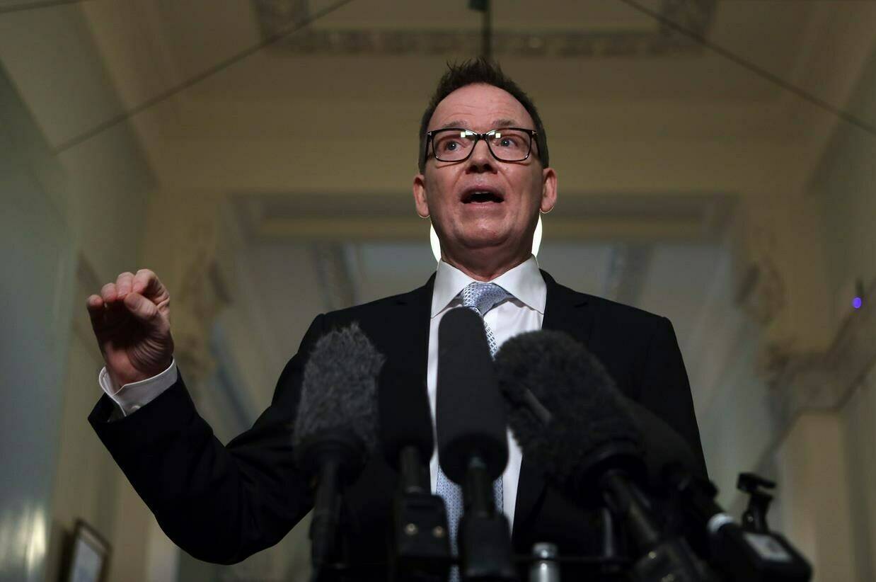 Opposition BC United Leader Kevin Falcon says he wants to prevent people convicted of dangerous criminal offences from legally changing their names. Falcon speaks during a press conference at the legislature in Victoria, Thursday, Feb. 22, 2024. THE CANADIAN PRESS/Chad Hipolito