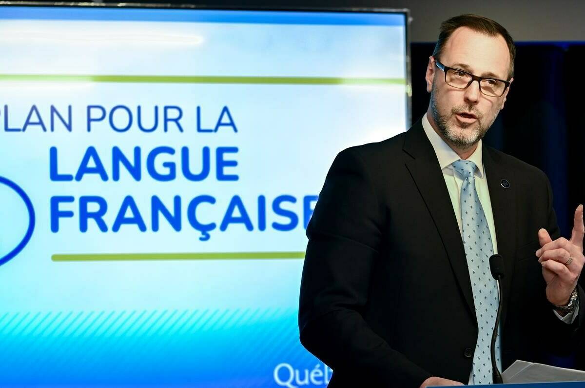 Minister of the French Language Jean-François Roberge holds a press conference concerning the Plan for the French language in Montreal, Sunday, April 28, 2024. THE CANADIAN PRESS/Graham Hughes