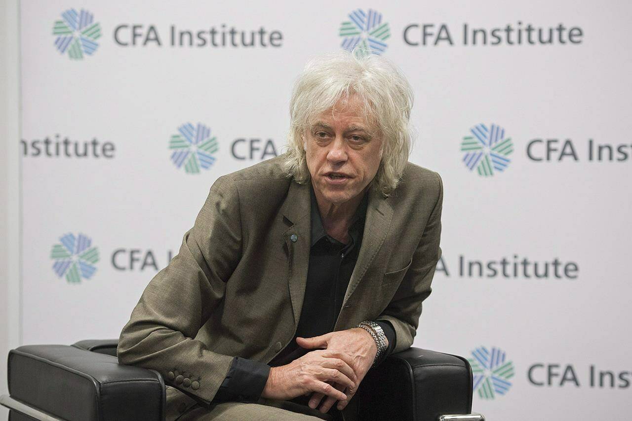 Bob Geldof speaks to reporters at the CFA Institute annual conference in Montreal, Wednesday, May 11, 2016. THE CANADIAN PRESS/Graham Hughes