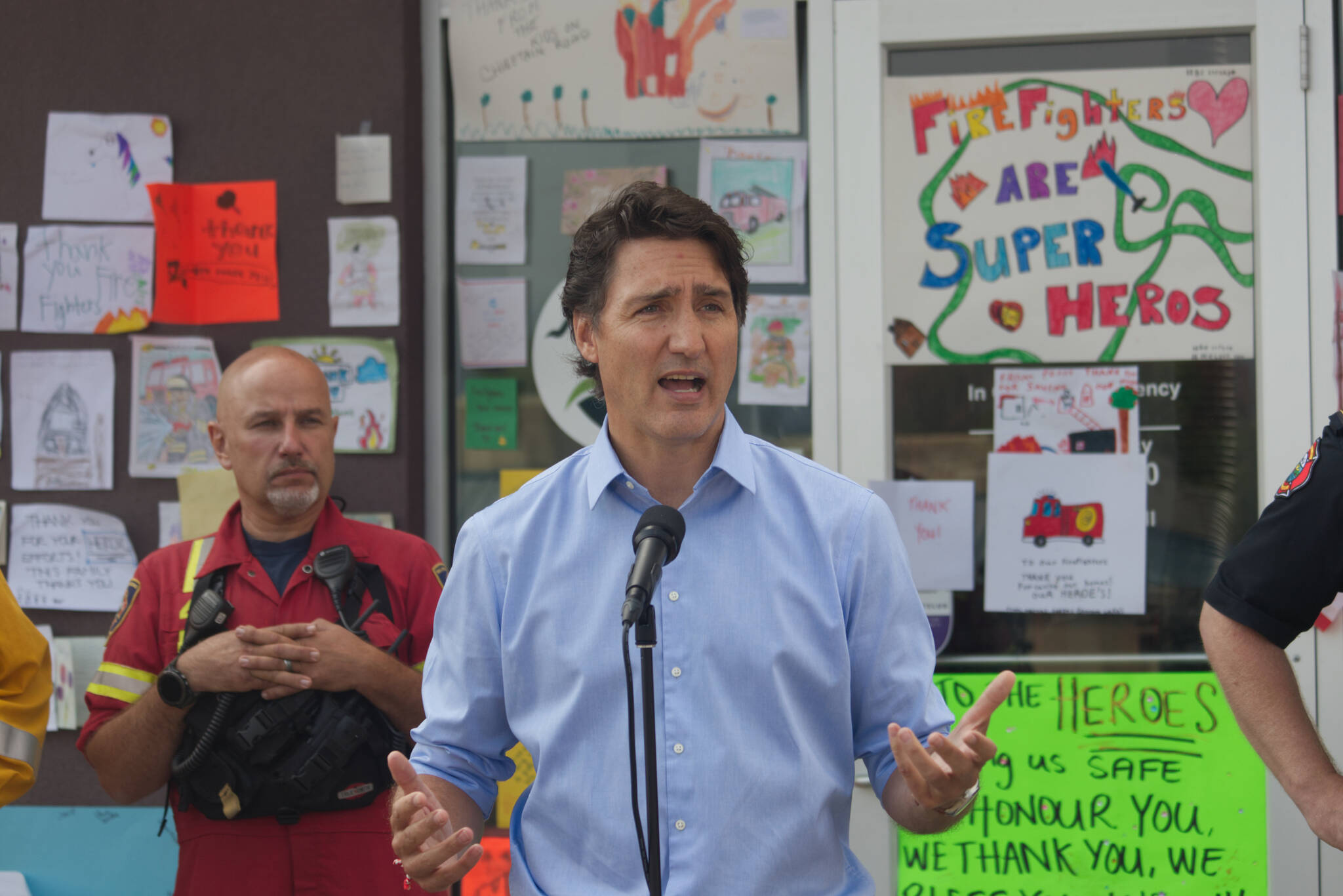 Prime Minister Justin Trudeau answers questions during a news conference at West Kelowna Fire Hall 33 on Aug. 25, 2023. (Gary Barnes/Capital News)