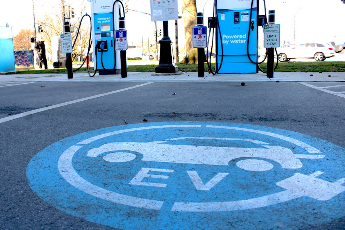 City of Victoria electric vehicle chargers seen on Store Street. A report released by resource advocacy group Resource Works on April 30, 2024 questions whether B.C. can pull off its upcoming zero-emission vehicle sales goals. (Jake Romphf/Black Press Media)