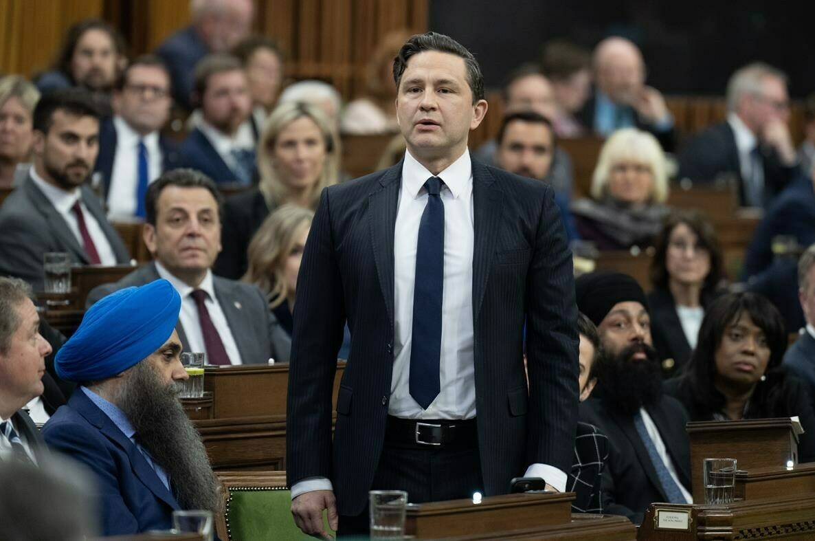 Leader of the Conservative Party Pierre Poilievre rises in response to the Speaker asking him to withdraw language during Question Period, Tuesday, April 30, 2024 in Ottawa. THE CANADIAN PRESS/Adrian Wyld