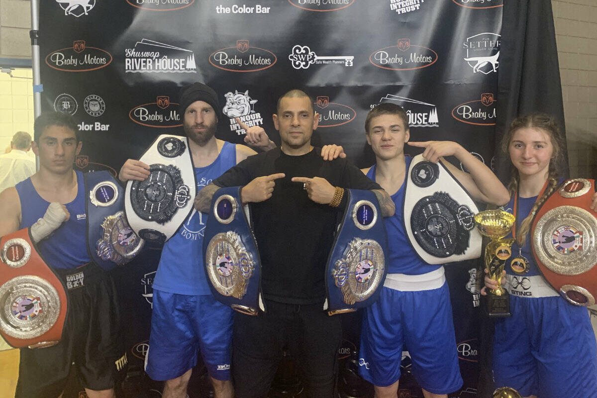 The Nelson Boxing Club has been named the best in B.C. L-R: Riel Martinez, Matt Brown, coach Jesse Pineiro, Jaxon Zaytsoff and Lola Brouillette are seen here in Salmon Arm on April 27 after receiving their awards. Photo: Submitted