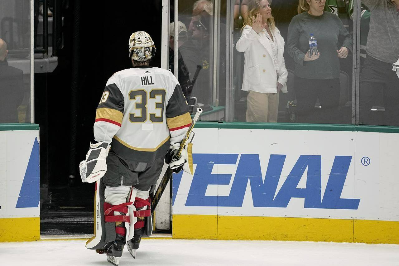 Vegas Golden Knights goaltender Adin Hill (33) leaves the ice after the team’s 3-2 loss to the Dallas Stars in Game 5 of an NHL hockey Stanley Cup first-round playoff series in Dallas, Wednesday, May 1, 2024. (AP Photo/Tony Gutierrez)