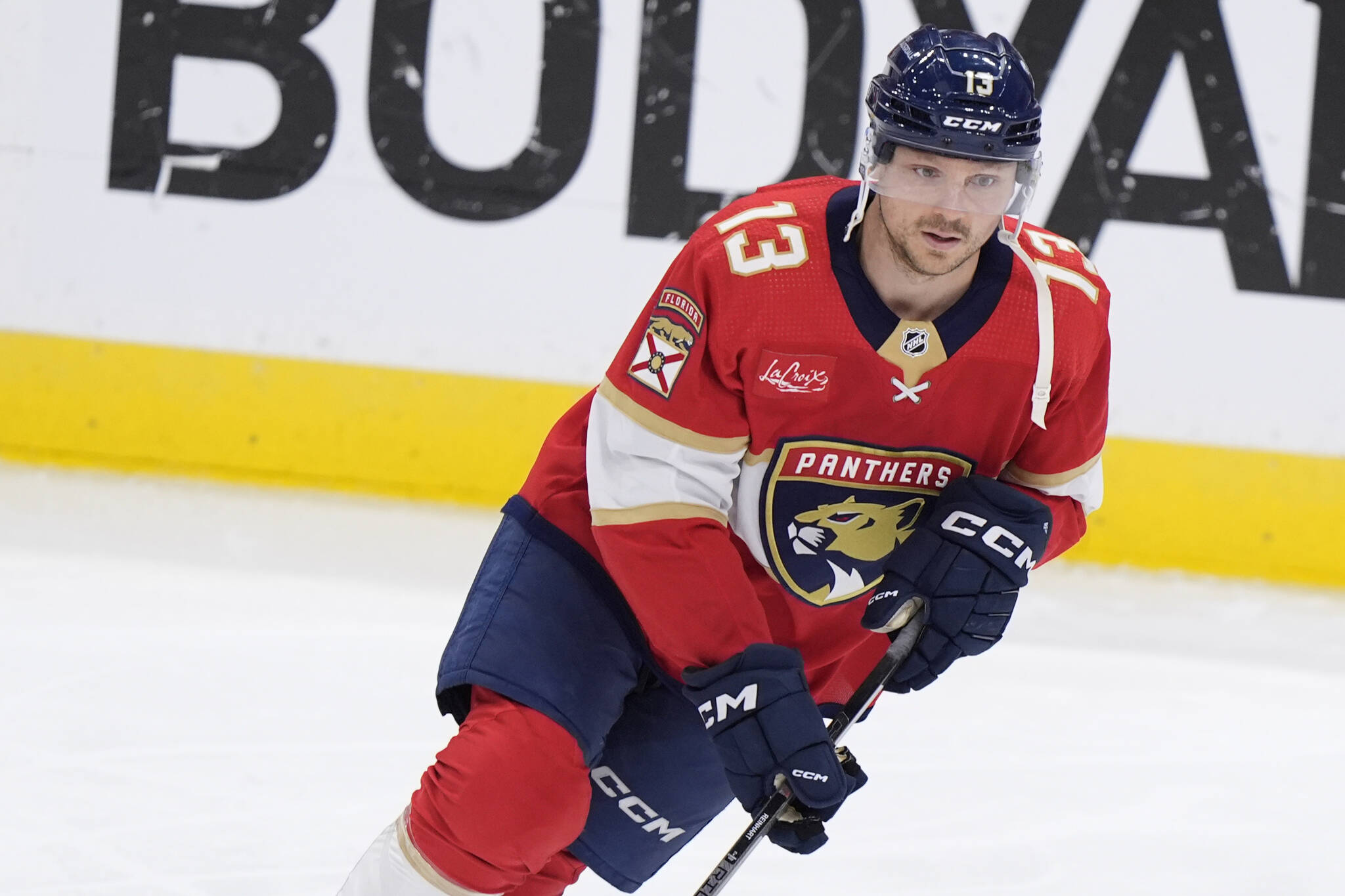 Florida Panthers center Sam Reinhart warms up before the start of Game 5 of the first-round of an NHL Stanley Cup Playoff series, Monday, April 29, 2024, in Sunrise, Fla. (AP Photo/Wilfredo Lee)