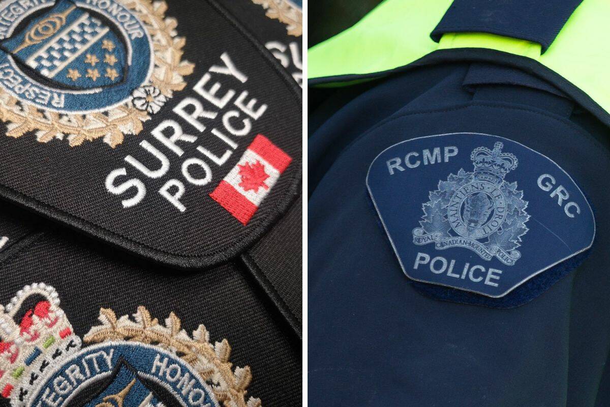 Legal arguments continue in the City of Surrey’s policing transition dispute with the provincial government. (Surrey Police patch from Twitter/Surrey RCMP by Anna Burns)