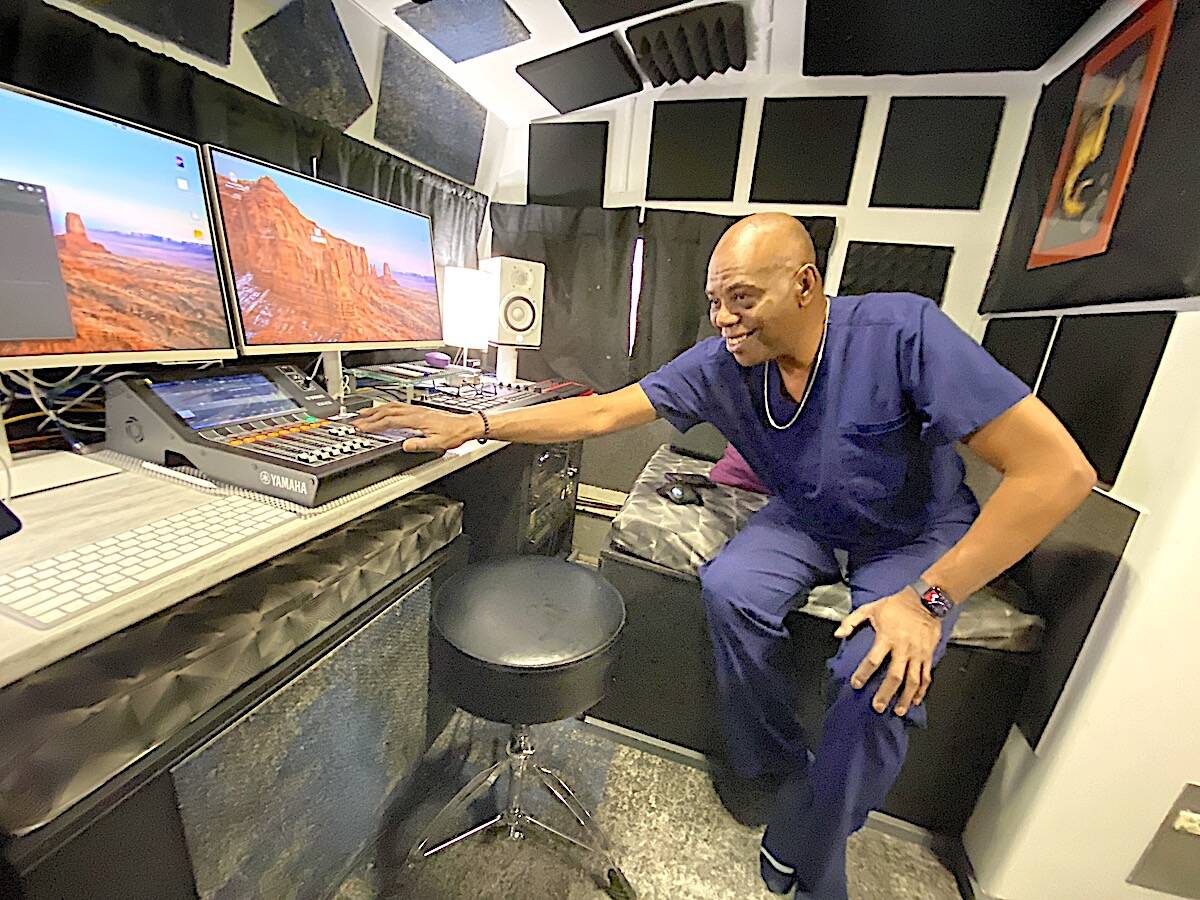 Musician Henri Brown inside his new mobile recording studio in Surrey on April 6, 2024. (Photo: Tom Zillich)