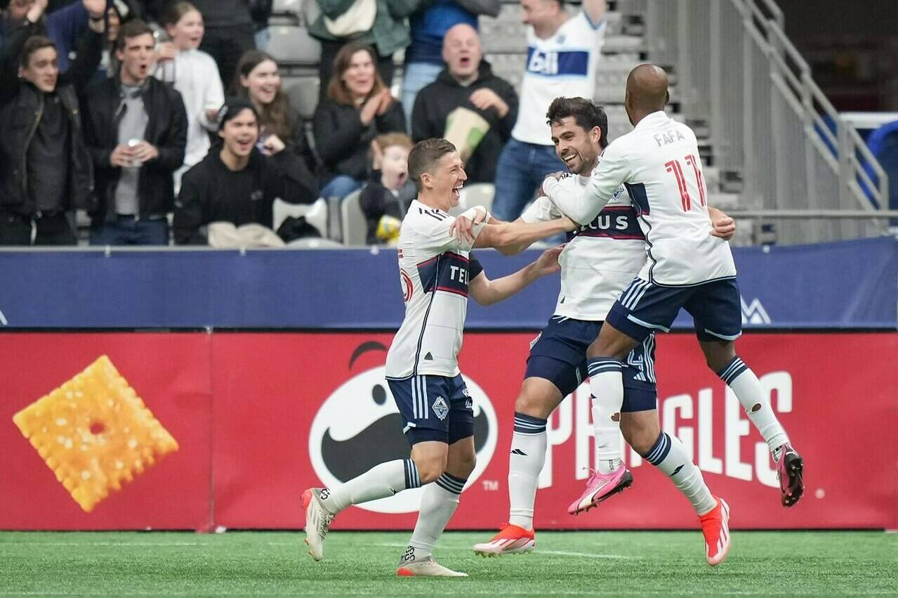 As the Vancouver Whitecaps celebrate a half-century of soccer history, Brian White has carved out a spot in the club’s record book. White celebrates his goal with teammates Ryan Gauld, left, and Fafa Picault during first half MLS soccer action against Toronto FC, in Vancouver, B.C., Saturday, April 6, 2024. THE CANADIAN PRESS/Darryl Dyck
