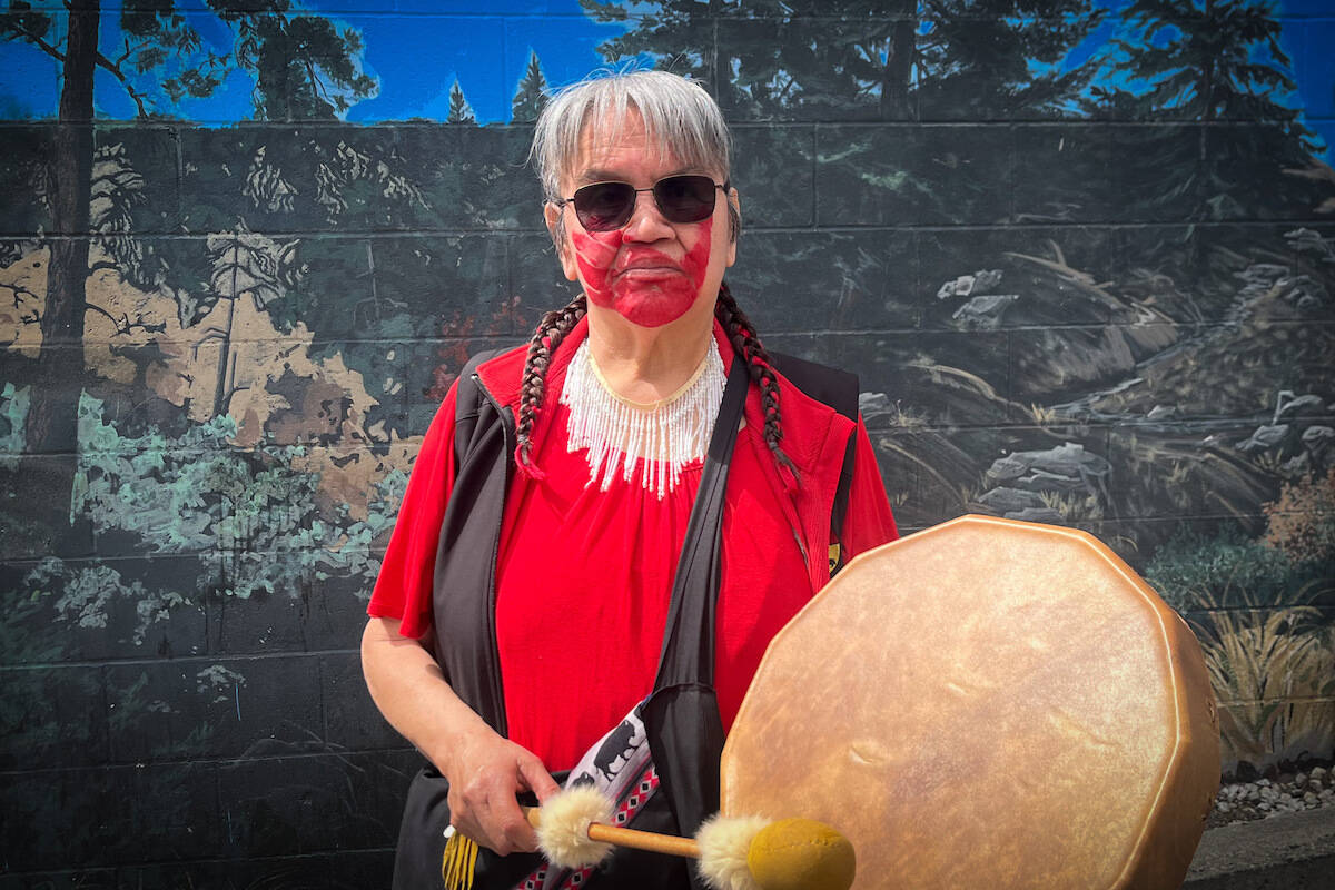 Janice Marie-August, an Elder from the Syilx Okanagan and a survivor of Catholic residential school in the Okanagan at the May 3, Red Dress event in Kelowna. (Jacqueline Gelineau/Capital News)