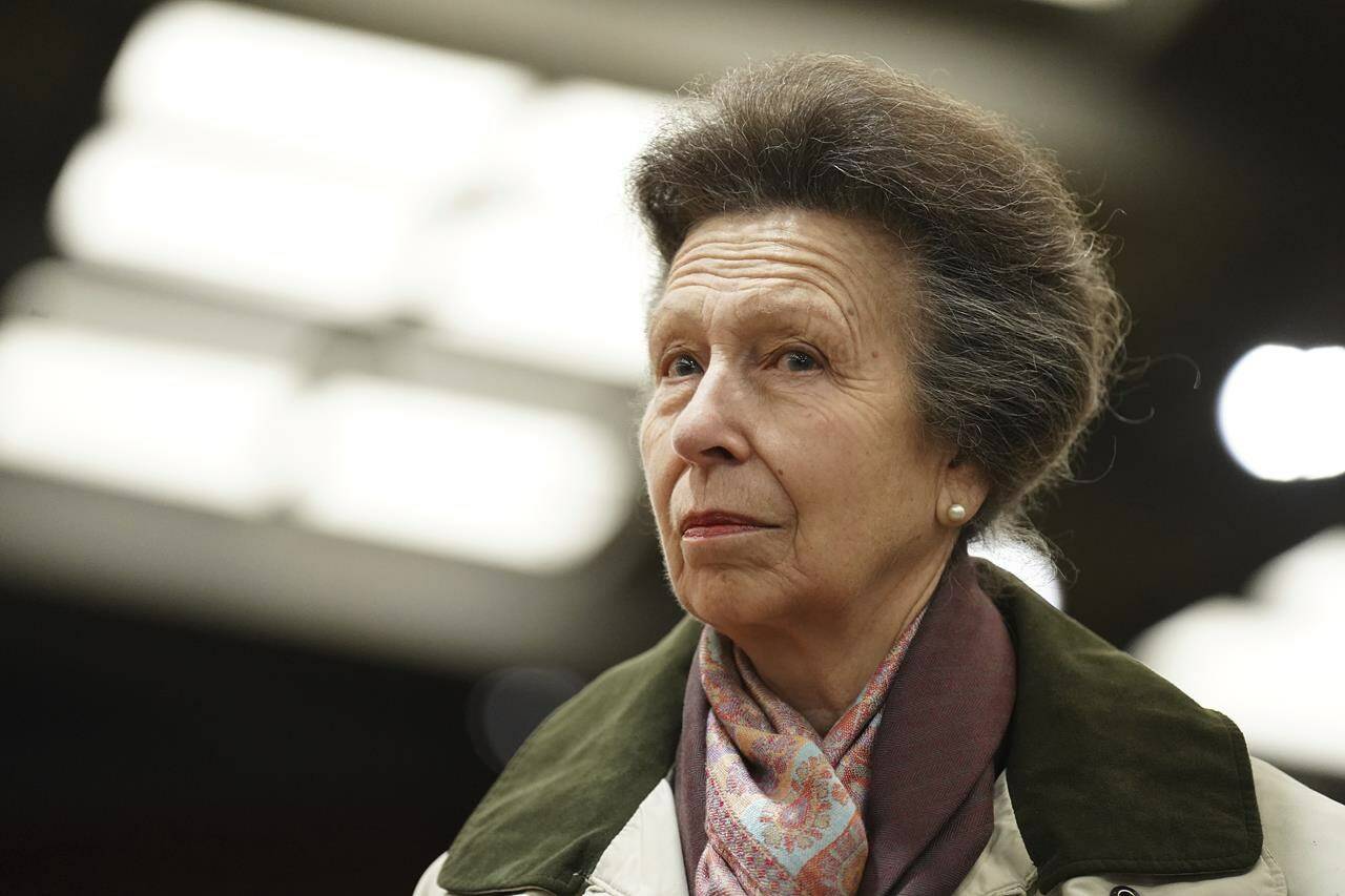 Britain’s Princess Anne, looks on, during a visit to Wormwood Scrubs Pony Centre, to mark the 35th anniversary of the centre, in London, Thursday, Feb. 8, 2024. Canada’s first Arctic and Offshore Patrol Vessel will officially be brought into the Pacific fleet Friday in a commissioning ceremony attended by Princess Anne. THE CANADIAN PRESS/James Manning/Pool Photo via AP