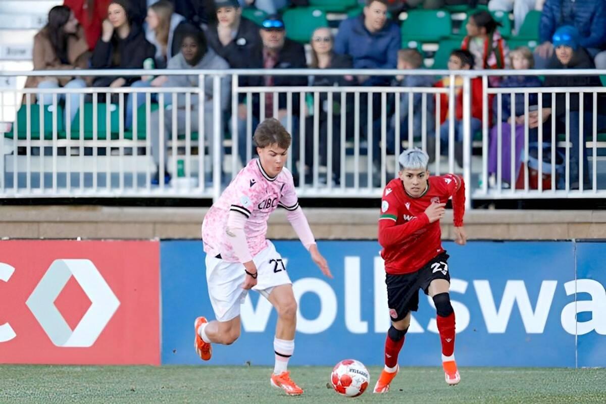 Vancouver FC’s Grady McDonnell goes for the ball against Cavalry FC’s Diego Gutiérrez Friday, May 3, on ATCO Field. Calgary won 3-1. . (CFC Media/Tony Lewis\Special to Langley Advance Times)