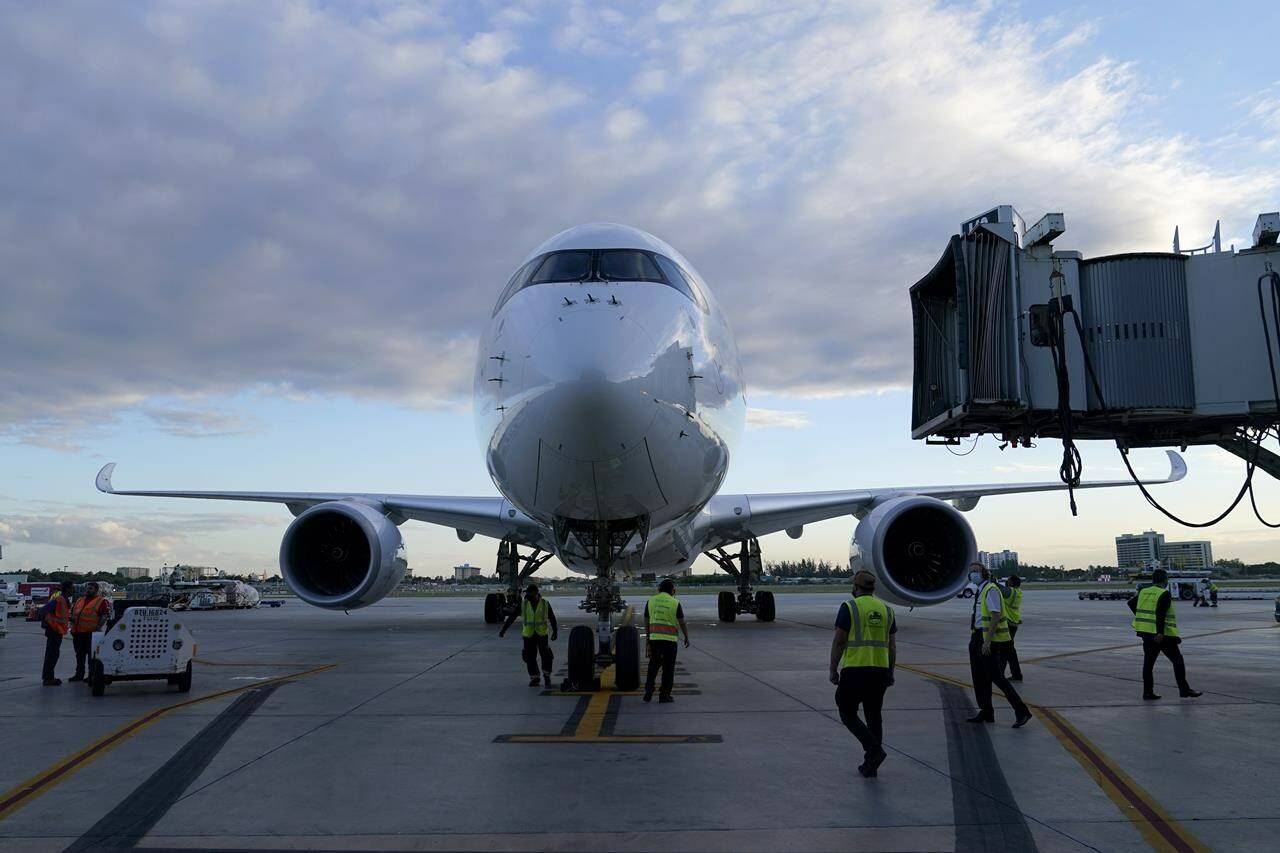 FILE - A Lufthansa flight arrives from Munich, Germany at Miami International Airport, on Nov. 8, 2021, in Miami. (AP Photo/Lynne Sladky, File)