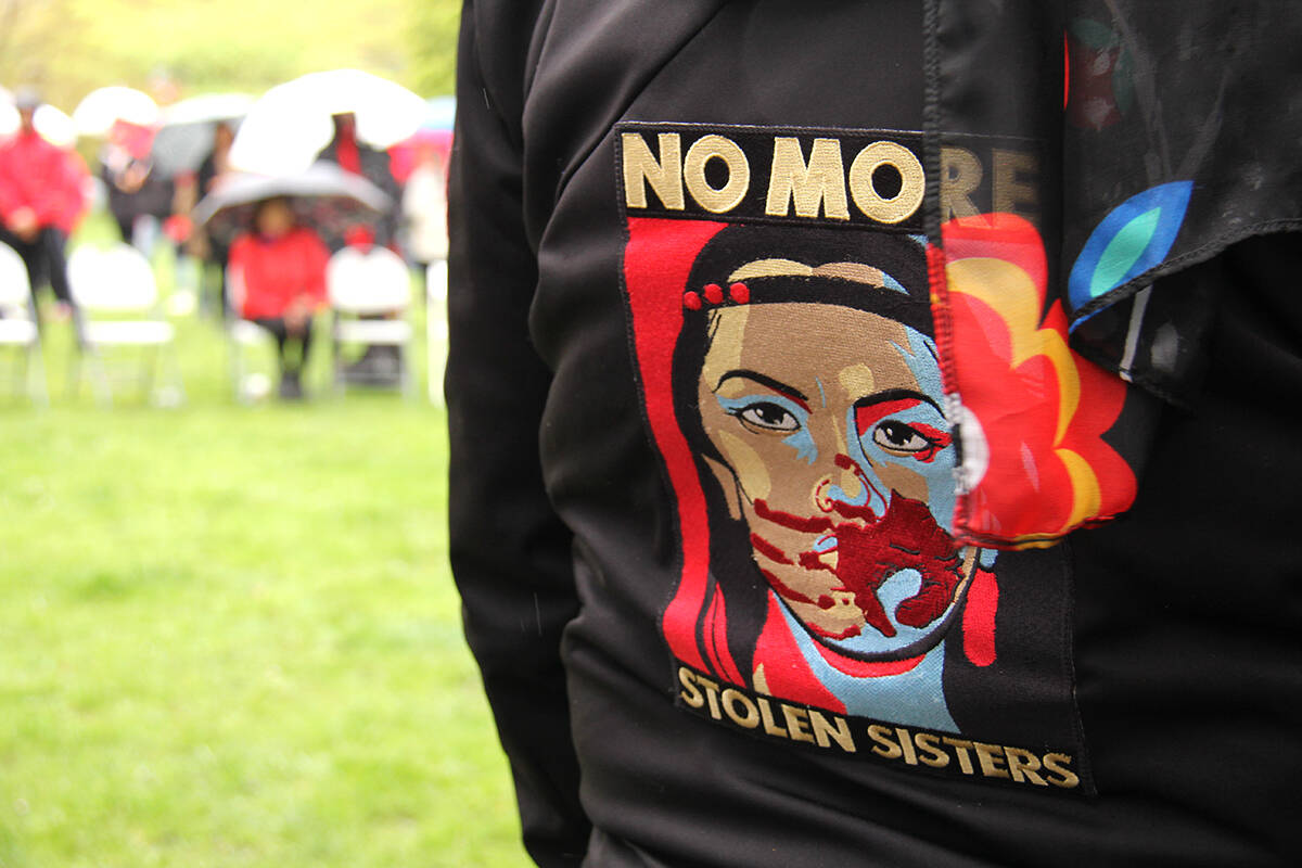 A jacket pictured at the Red Dress Day gathering in Vancouver on May 5, 2022. Recognized Canada-wide, the day honours the lives of missing and murdered Indigenous women, girls and 2SLGBTQ people. (Jane Skrypnek/Black Press Media)