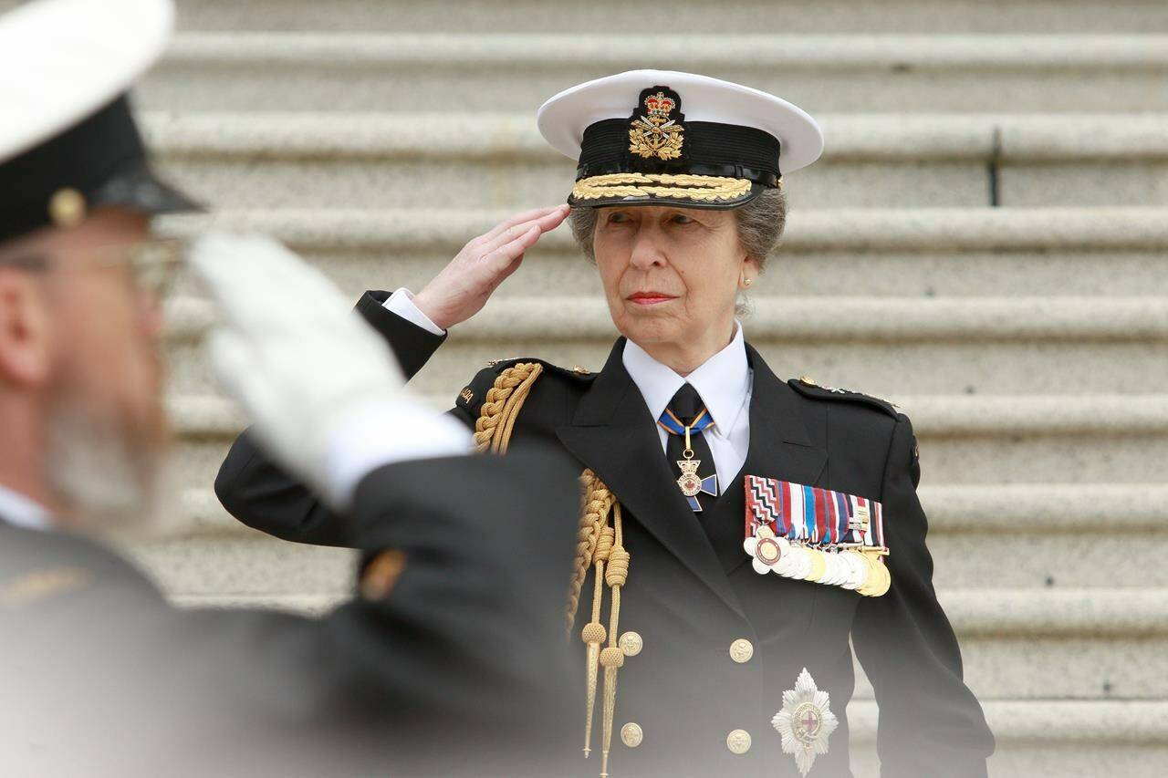 Princess Anne saluted Canadian veterans and current forces members during a ceremony at British Columbia’s legislature cenotaph commemorating the Second World War’s Battle of the Atlantic. A royal salute from Princess Anne as a parade marches by following the Battle of the Atlantic service at the legislature, in Victoria, Sunday, May 5, 2024. THE CANADIAN PRESS/Chad Hipolito