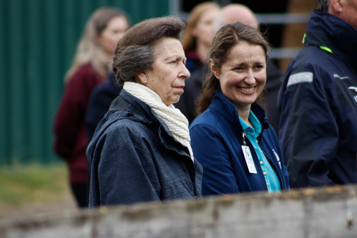 The Princess Royal, left, and Victoria Therapeutic Riding Association executive director Liz Gagel toured the VTRA facility and met with riders on Sunday, May 5. (Bailey Seymour/Black Press Media)