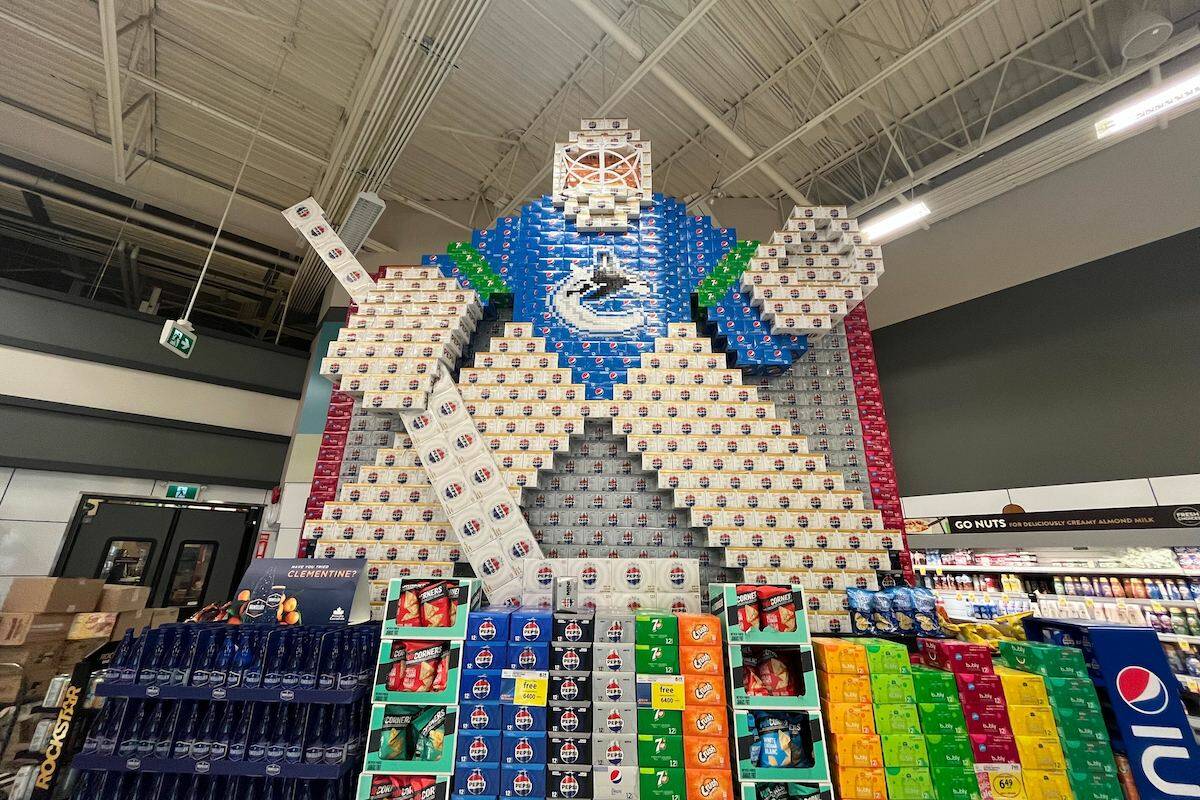 Canucks goalie and Marvel characters on display at Orchard Plaza Save-On-Foods in Kelowna. (Jacqueline Gelineau/ Kelowna Capital News)