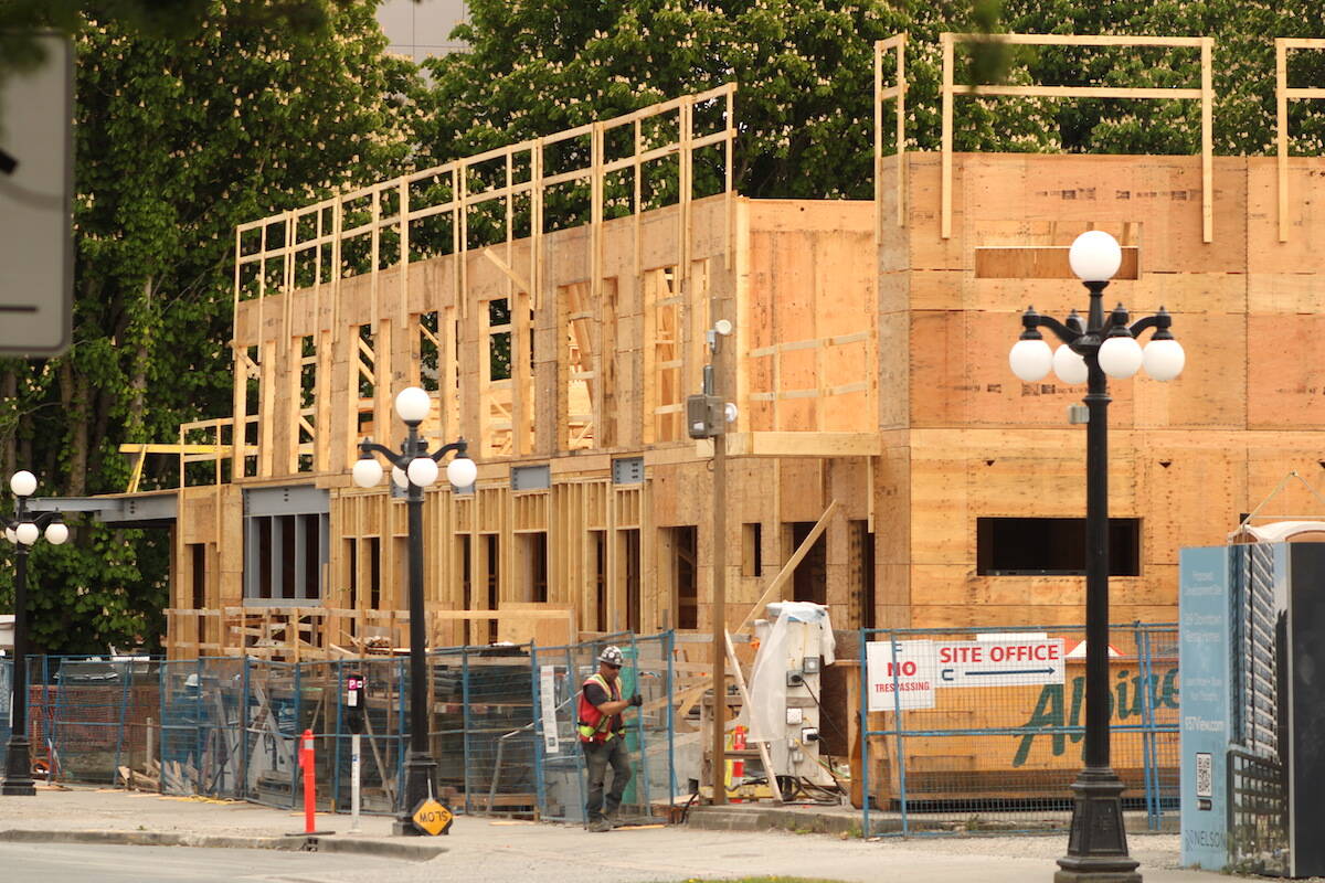 Construction in Victoria on May 6, 2024. The city completed more housing units in the past six-months than it needed to in year-one of a five-year provincial housing target timeline. (Jake Romphf/News Staff)