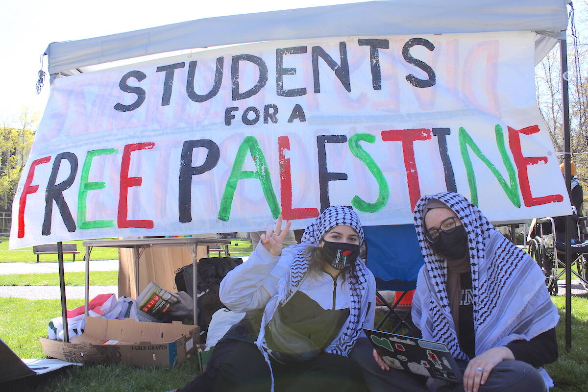Around 50 pro-Palestine protesters started an encampment on the University of Victoria campus on Wednesday morning, May 1, 2024. (Jake Romphf/Vic News)