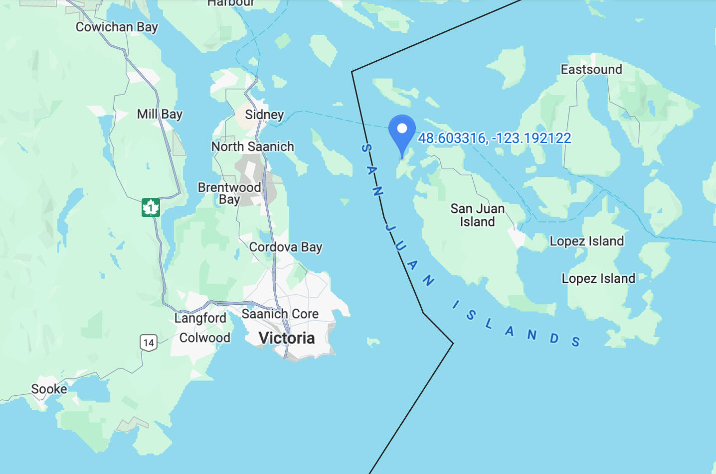 The U.S. Coast Guard is working to mitigate pollution in the wake of fishing vessel that sunk near Henry Island, in the Salish Sea east of Victoria. (Google maps)