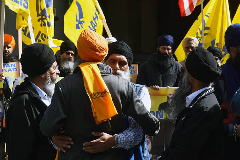 It was a heavy day for members of the Sikh community outside Surrey Provincial Court on Tuesday, May 7 during the court appearance for the three suspects charged in the murder of Hardeep Singh Nijjar. (Sobia Moman photo)