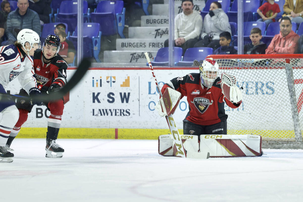 Giants netminder Brett Mirwald has been awarded the Del Wilson Memorial Trophy as the WHL goaltender of the year. (Rob Wilton, Giants/Special to Langley Advance Times)
