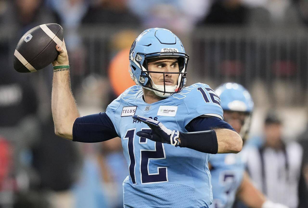 Toronto Argonauts quarterback Chad Kelly passes the ball against the Montreal Alouettes during first half CFL Eastern Conference final football action in Toronto on Saturday, Nov.11, 2023. THE CANADIAN PRESS/Nathan Denette