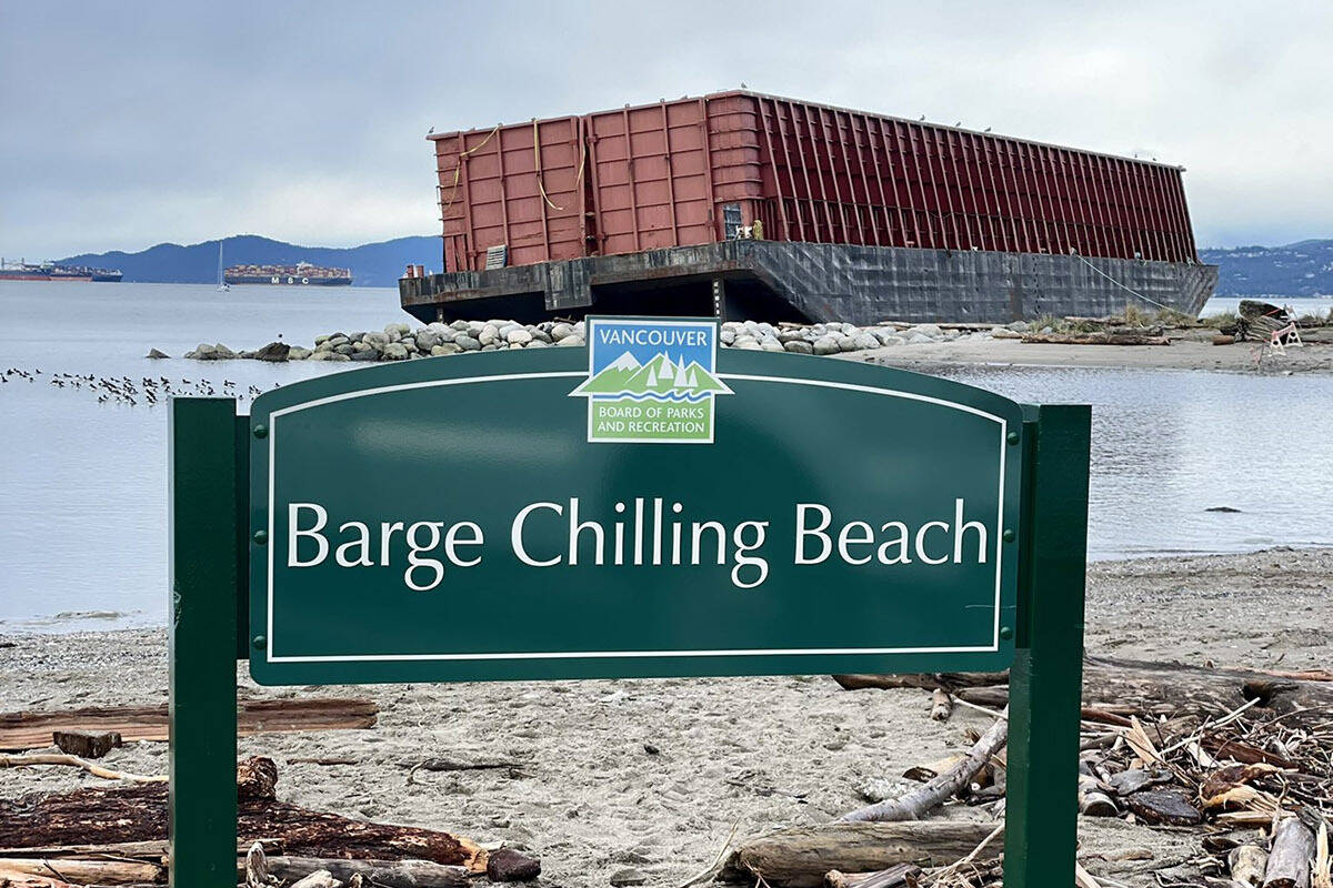 The Vancouver Park Board created this sign for residents to enjoy after a barge washed up on Sunset Beach during 2021 mid-November storms. (Vancouver Park Board)