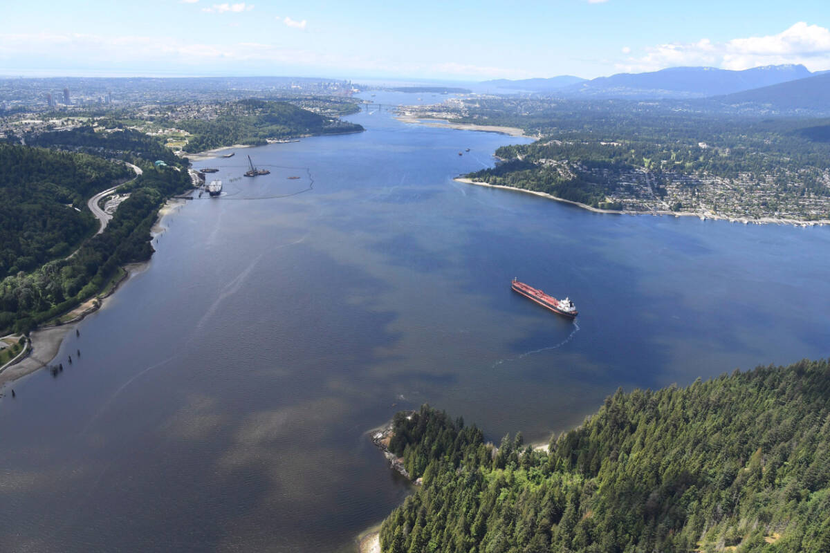 A aerial view of a tanker in Burrard Inlet in Burnaby, B.C., is shown on Tuesday, May 29, 2018. The number of tankers moving through the waterway is set to increase to up to 34 a month, with the expansion of the Trans Mountain pipeline. THE CANADIAN PRESS Jonathan Hayward