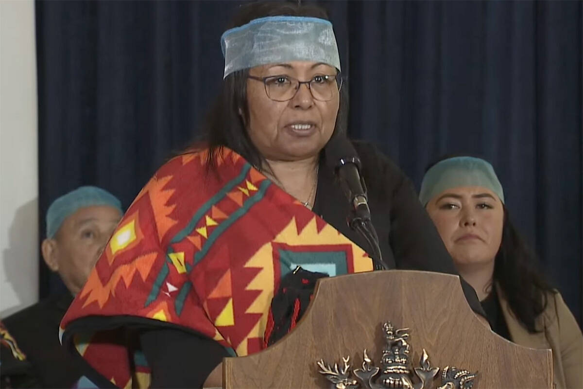Cheryl Casimer of First Nations Leadership Council and Political Executive with the First Nations Summit was among several senior First Nations leader speaking during a ceremony marking the tabling of the legislature’s Reconcilation Action Plan. (Screencap)
