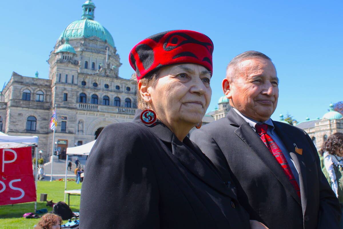 Vancouver-Mount Pleasant MLA Joan Phillip visited Crab Park residents holding a demonstration at the B.C. legislature on May 8. The park falls within the NDP lawmaker’s riding. (Jake Romphf/News Staff)