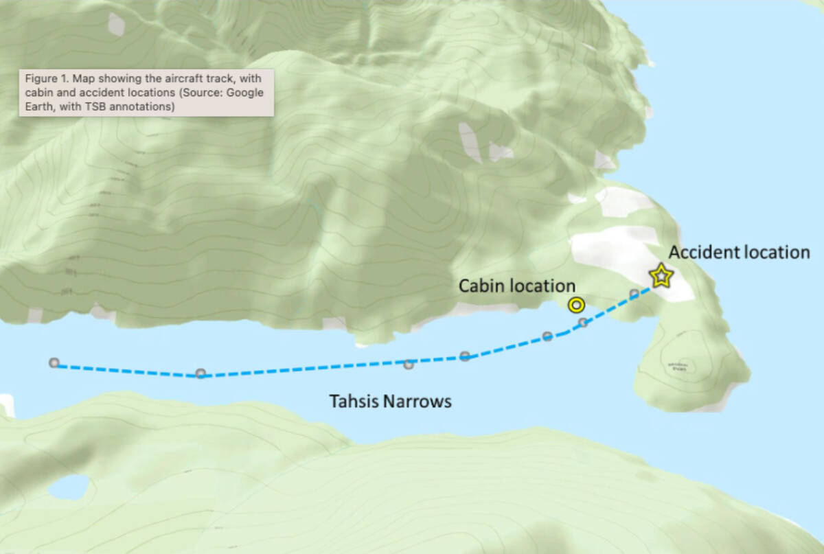This image from the Transportation Safety Board of Canada shows where a fatal floatplane crash occurred on June 20, 2023. (TSB image)