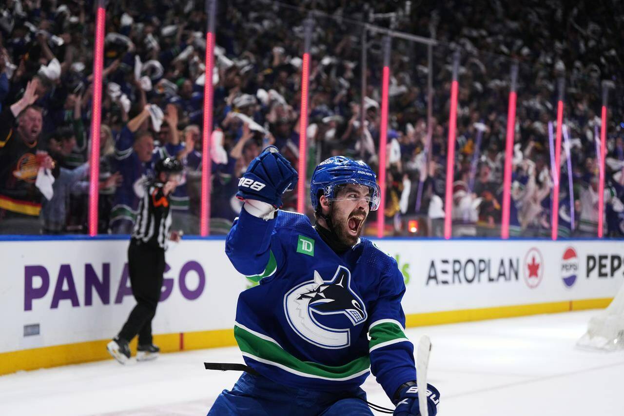 Vancouver Canucks’ Conor Garland celebrates his goal against the Edmonton Oilers during the third period in Game 1 of an NHL hockey Stanley Cup second-round playoff series, in Vancouver, on Wednesday, May 8, 2024. THE CANADIAN PRESS/Darryl Dyck