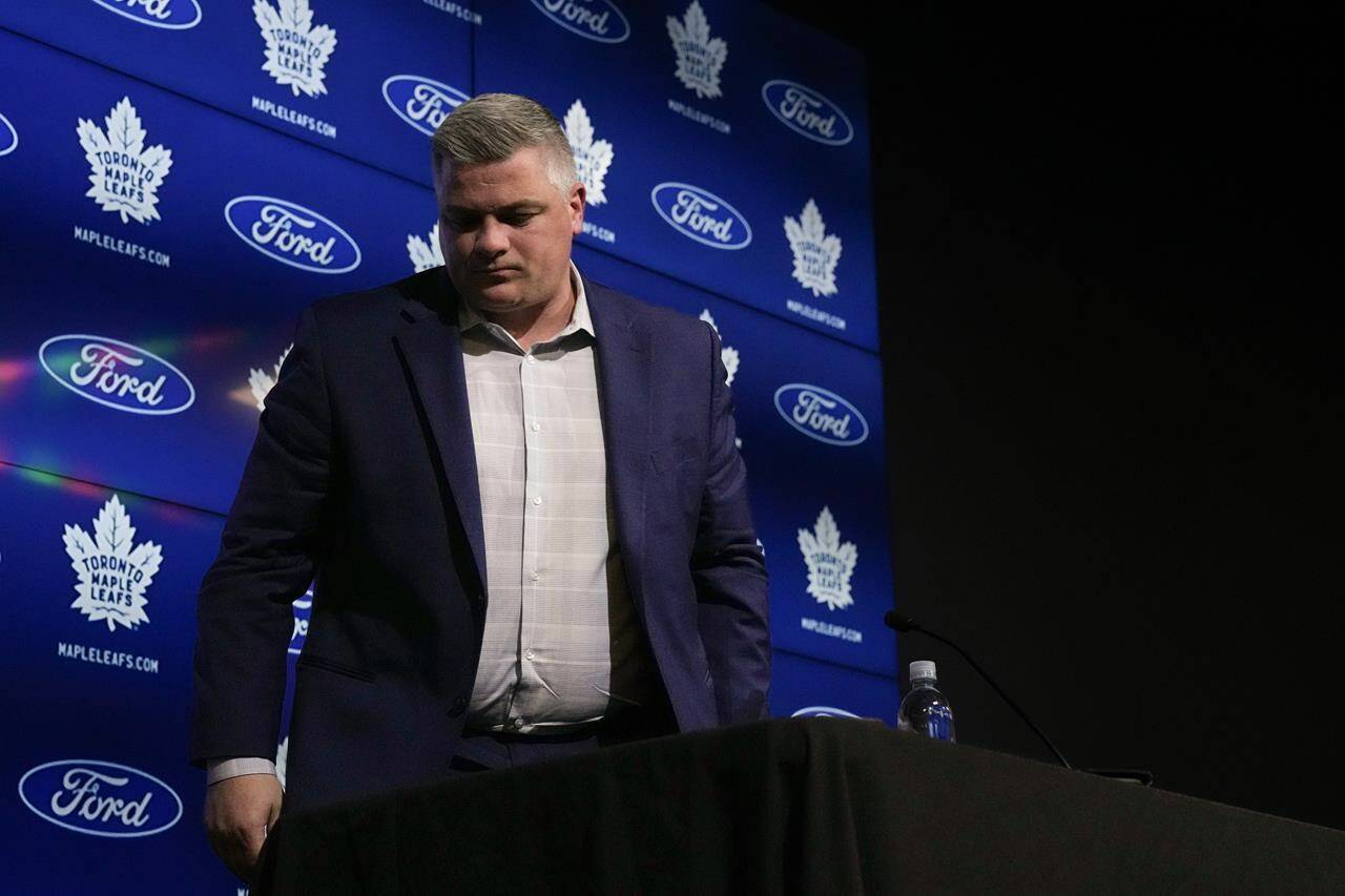 Toronto Maple Leafs head coach Sheldon Keefe leaves after speaking to the media in Toronto on Monday May 6, 2024, after his team’s season ending loss to Boston Bruins in the first round of the NHL Stanley Cup playoffs. The Maple Leafs have fired Keefe.THE CANADIAN PRESS/Chris Young