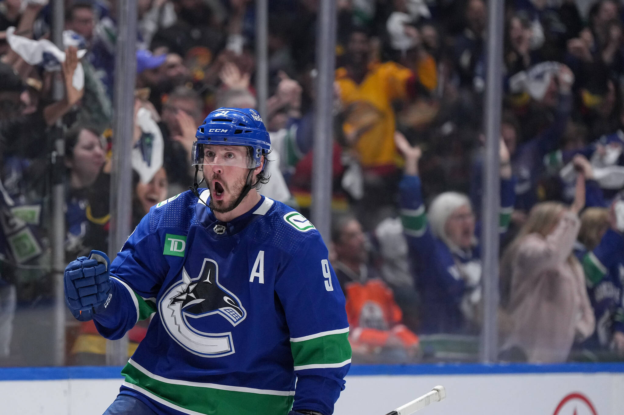 Vancouver Canucks’ J.T. Miller celebraters his goal against the Edmonton Oilers during the third period in Game 1 of an NHL hockey Stanley Cup second-round playoff series, in Vancouver, on Wednesday, May 8, 2024. THE CANADIAN PRESS/Darryl Dyck