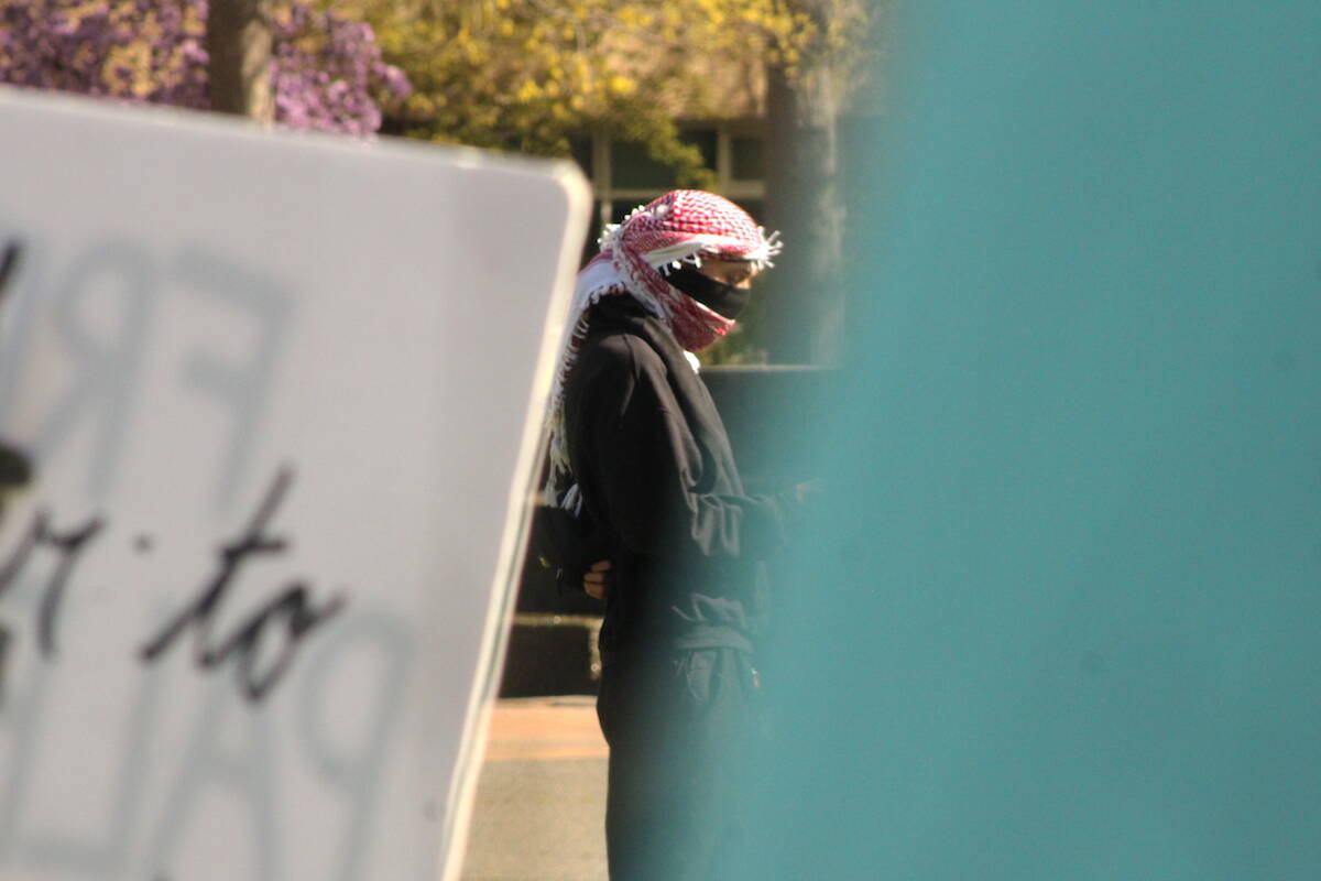 Pro-Palestine protesters started an encampment on the University of Victoria campus on May 1. A man has been barred from campus after protesters said he repeatedly assaulted them. (Jake Romphf/Vic News)