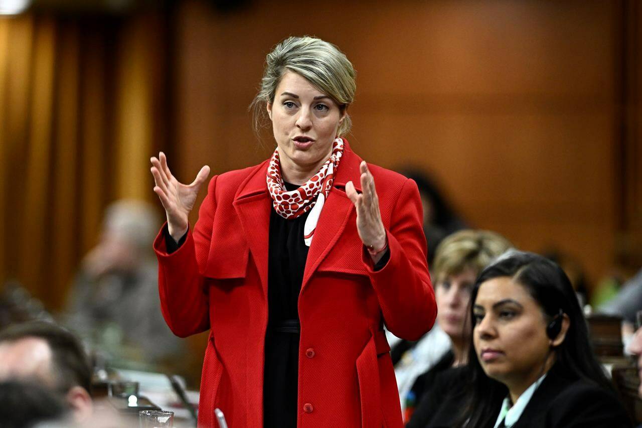 Canada has abstained from another United Nations vote aimed at formally recognizing Palestine, while opening the door to supporting statehood before the end of the Israeli-Palestinian conflict. Minister of Foreign Affairs Melanie Joly rises during Question Period in the House of Commons on Parliament Hill in Ottawa on Thursday, May 9, 2024. THE CANADIAN PRESS/Justin Tang