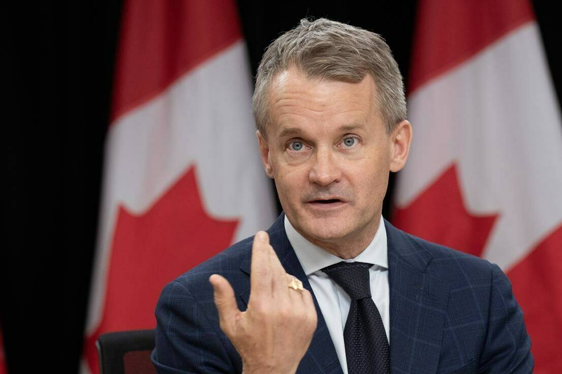 The federal government is asking a labour tribunal to review whether a strike by rail workers would jeopardize Canadians’ health and safety. Labour and Seniors Ministerr Seamus O’Regan during a news conference, in Ottawa, Wednesday, May 1, 2024. THE CANADIAN PRESS/Adrian Wyld