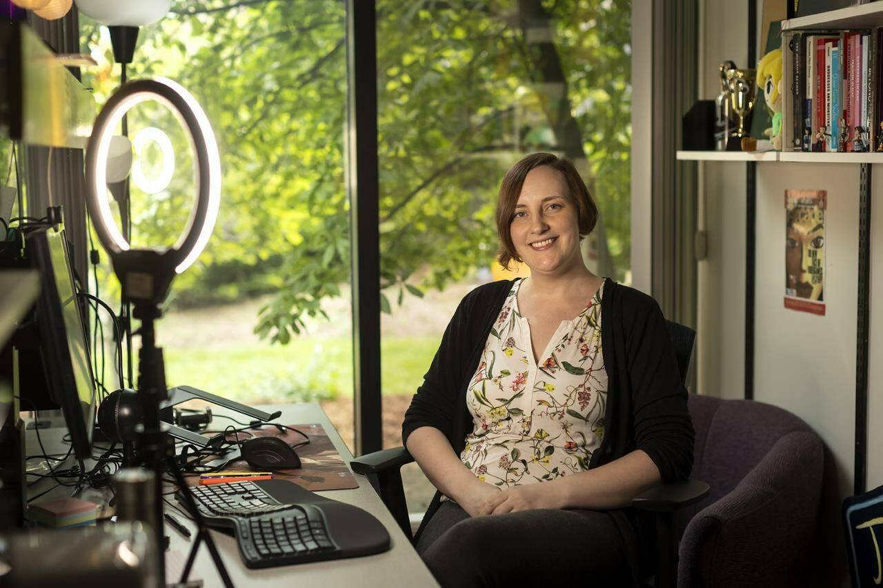 Sarah Stang sits in her office at Brock University in St. Catharines, Ont. on Thursday, May 9, 2024. THE CANADIAN PRESS/Tara Walton