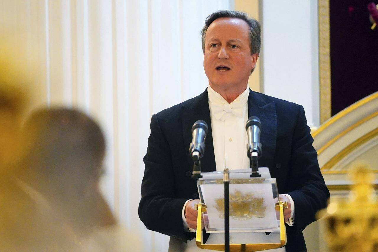 Britain’s Foreign Secretary Lord David Cameron speaks at the Lord Mayor of the City of London’s annual Easter Banquet, at Mansion House in the City of London, Thursday, May 9, 2024. (Victoria Jones/PA via AP)