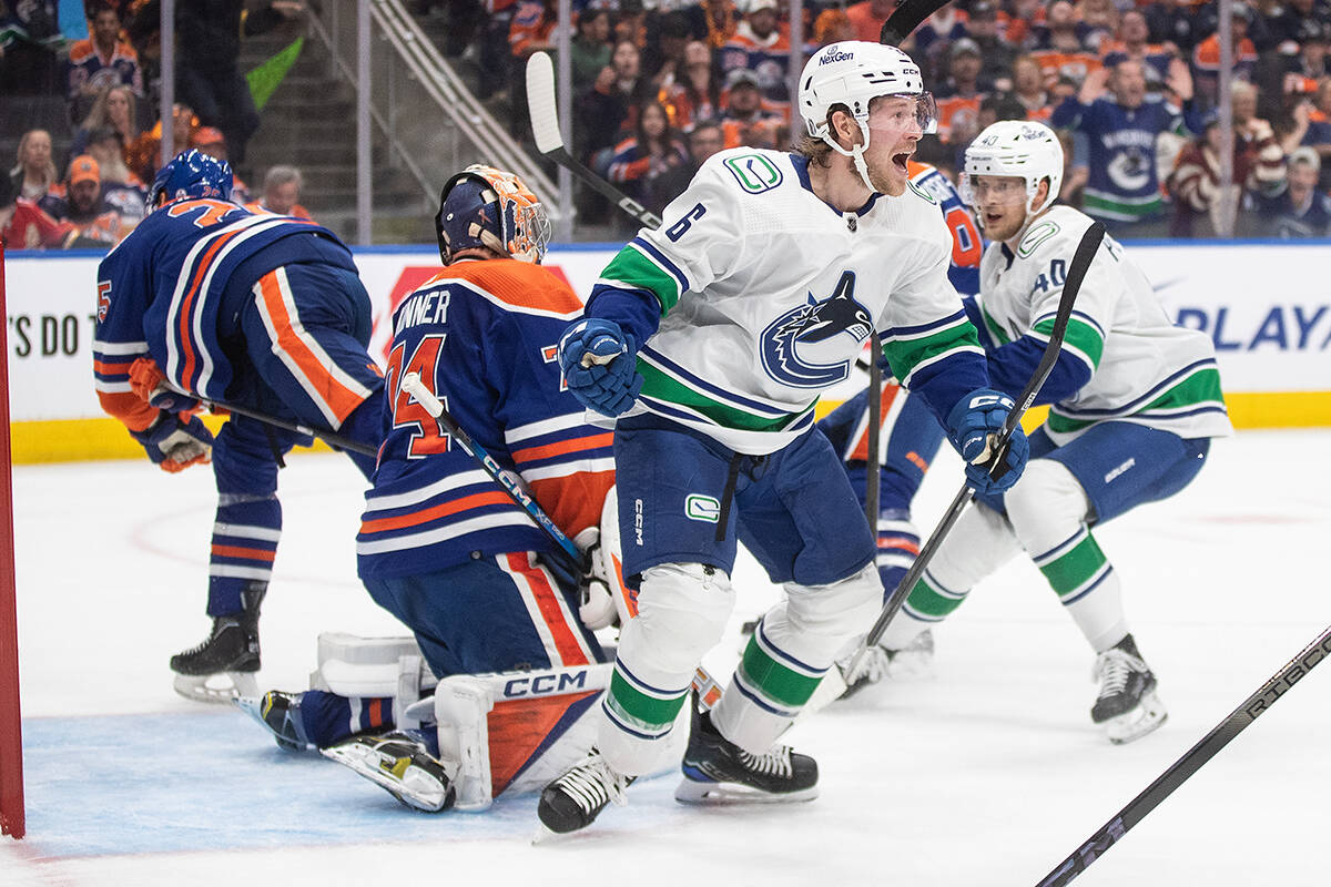 Vancouver Canucks’ Brock Boeser (6) celebrates a goal against the Edmonton Oilers during first period second-round NHL playoff action in Edmonton on Sunday May 12, 2024.THE CANADIAN PRESS/Jason Franson