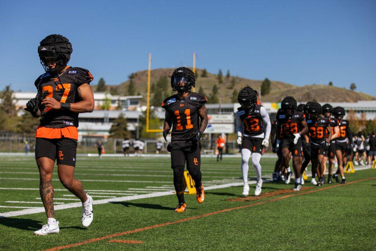 B.C. Lions defensive backs get put through the paces during training camp in Kamloops, B.C. The Lions open the season in Toronto on June 9. Steven Chang, B.C. Lions photo