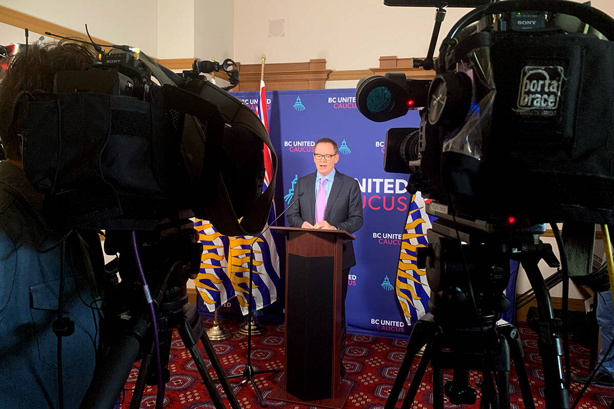 B.C. United Leader Kevin Falcon Tuesday (May 14) confirmed the existence of talks to find “common ground” with the Conservative Party of B.C. to defeat the B.C. NDP government. Falcon was responding to earlier comments from Conservative leader John Rustad. (Wolf Depner/News Staff)