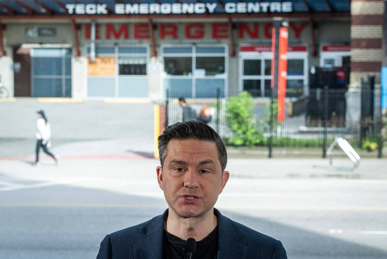 Conservative Leader Pierre Poilievre speaks during a news conference on safety in hospitals in Vancouver, on Tuesday, May 14, 2024. THE CANADIAN PRESS/Ethan Cairns