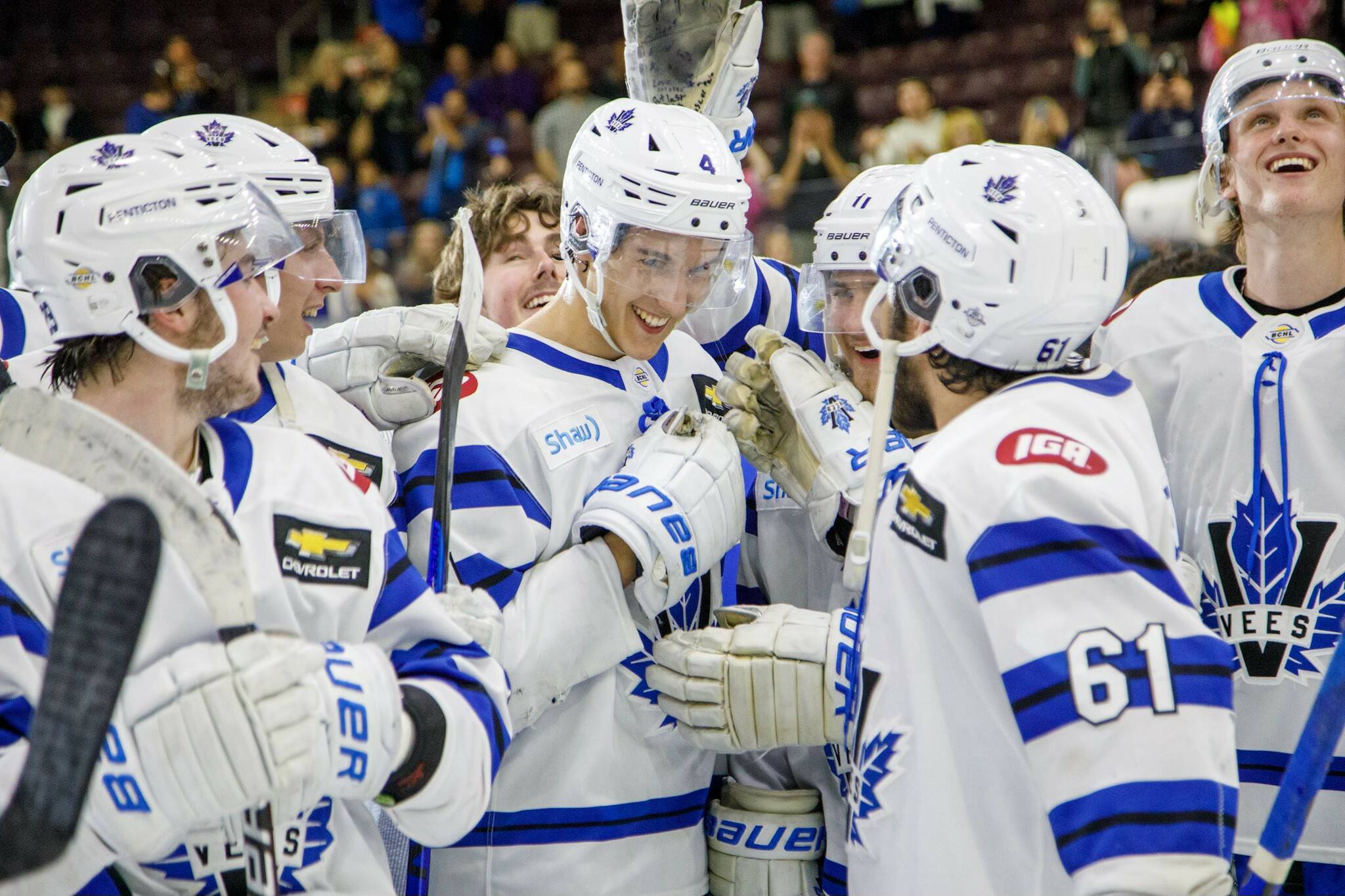 Penticton Vees defenceman Nolan Stevenson (No. 4) celebrates with his teammates after scoring two goals in Game 7 and leading his team past the Salmon Arm Silverbacks in the Interior Conference Finals. (Photo- Cherie Morgan)