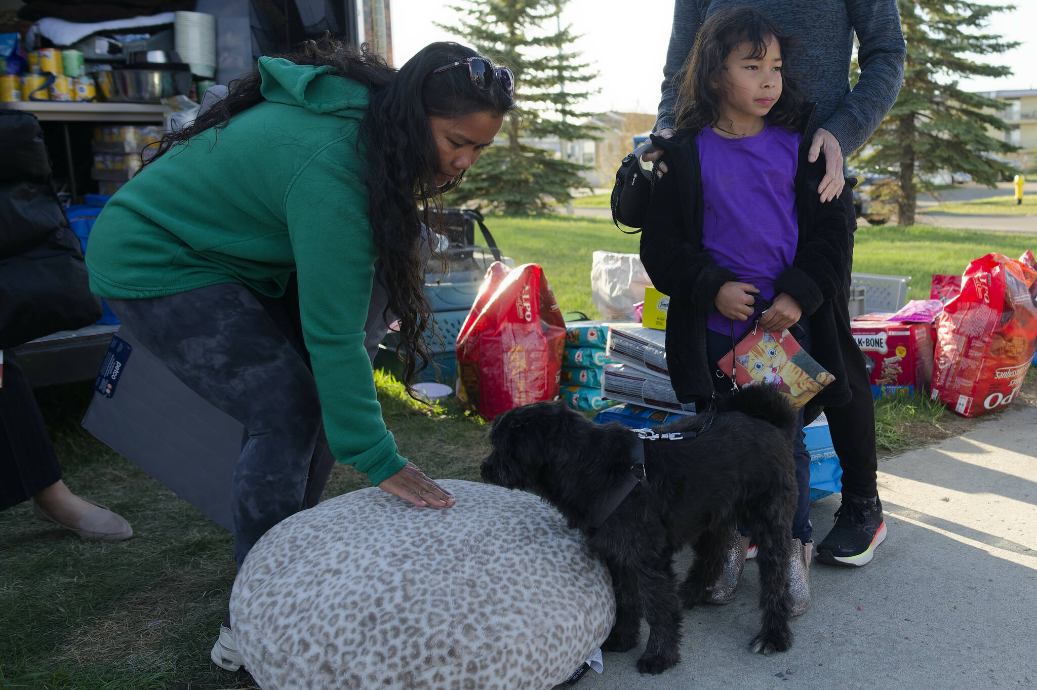 Perlie LaRocque, a Fort Nelson, B.C. evacuee, tries to get her dog Cookie to try a new dog bed at the North Peace Arena in Fort St. John B.C., on Monday, May 13, 2024 as her daughter Frankie looks on. Wildfires are forcing more people to evacuate their homes in dry and windy northeastern B.C. THE CANADIAN PRESS/Jesse Boily