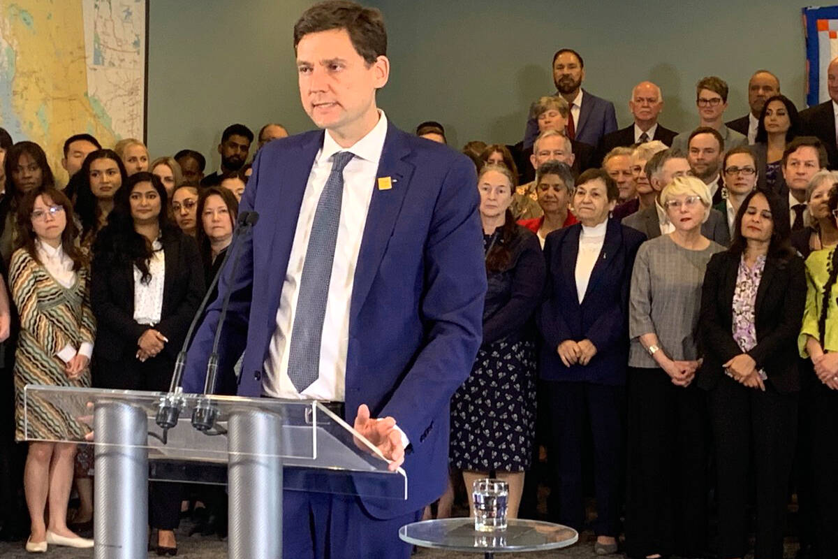 B.C. Premier David Eby speaks Thursday (May 16) ahead of the final sitting of day of the provincial legislature and the upcoming fall election. (Wolf Depner/News Staff)