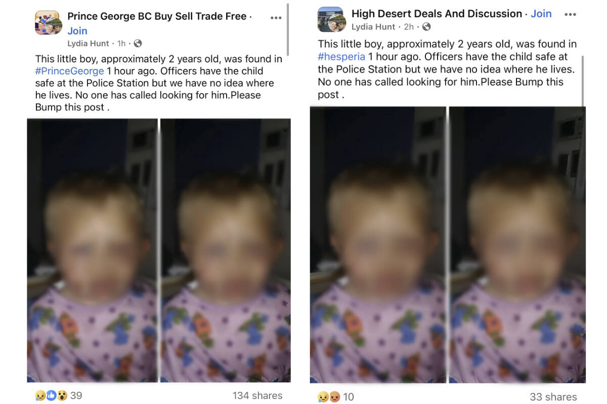 Two Facebook screenshots show how a scammer has made the same false post in multiple different community groups, claiming a little boy was missing. Once the post has been shared enough, B.C. RCMP say the scammer will then change its contents to an ad or fraudulent contest. (Screenshots courtesy of Prince George RCMP)