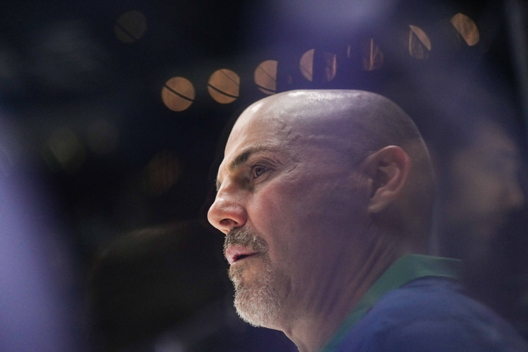 Vancouver Canucks head coach Rick Tocchet watches as the team practices ahead of Game 1 of their NHL hockey Stanley Cup second-round playoff series against the Edmonton Oilers, in Vancouver, B.C., Tuesday, May 7, 2024. THE CANADIAN PRESS/Darryl Dyck