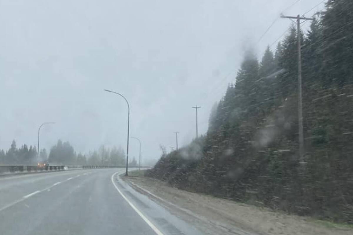 Multiple Facebook posts on Saturday morning (May 18) show snow falling on the Coquihalla Highway between Hope and Merritt. (June Suyeon Kim/Facebook)
